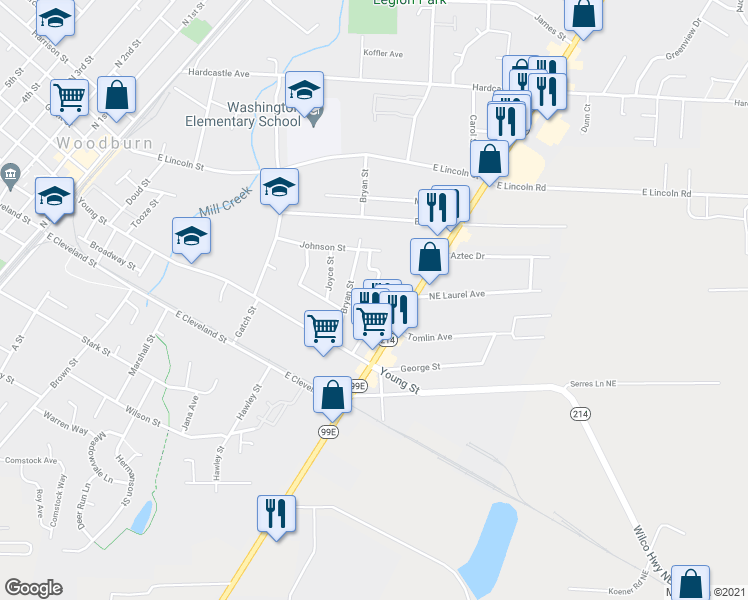 map of restaurants, bars, coffee shops, grocery stores, and more near 660 Elm Street in Woodburn