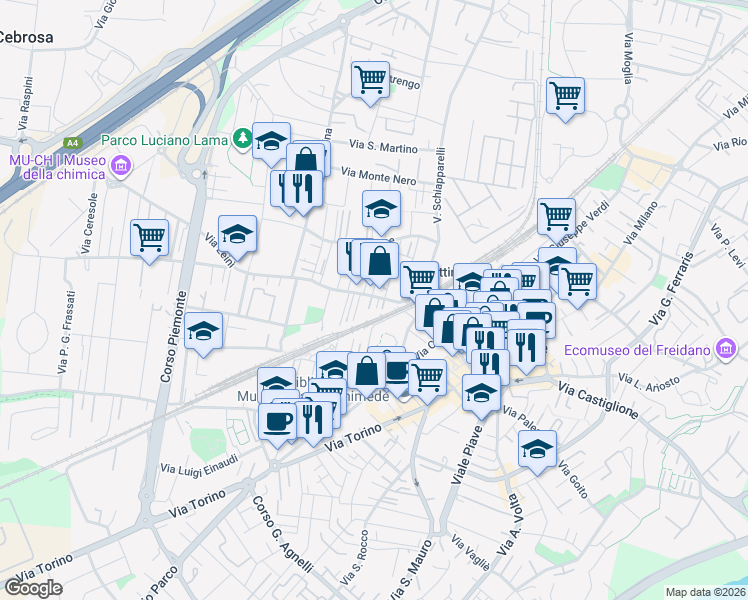 map of restaurants, bars, coffee shops, grocery stores, and more near 6 Via Trieste in Settimo Torinese