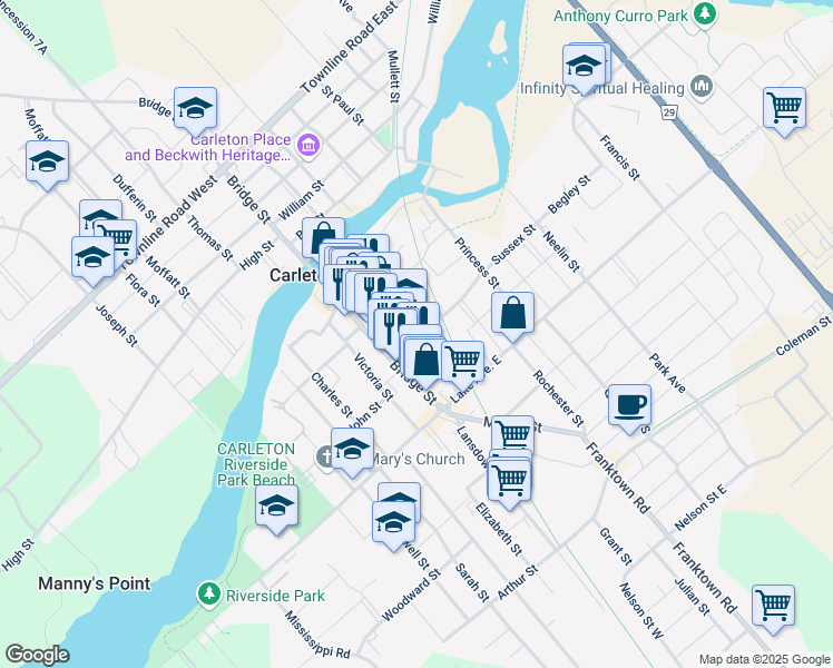map of restaurants, bars, coffee shops, grocery stores, and more near 37 Albert Street in Carleton Place