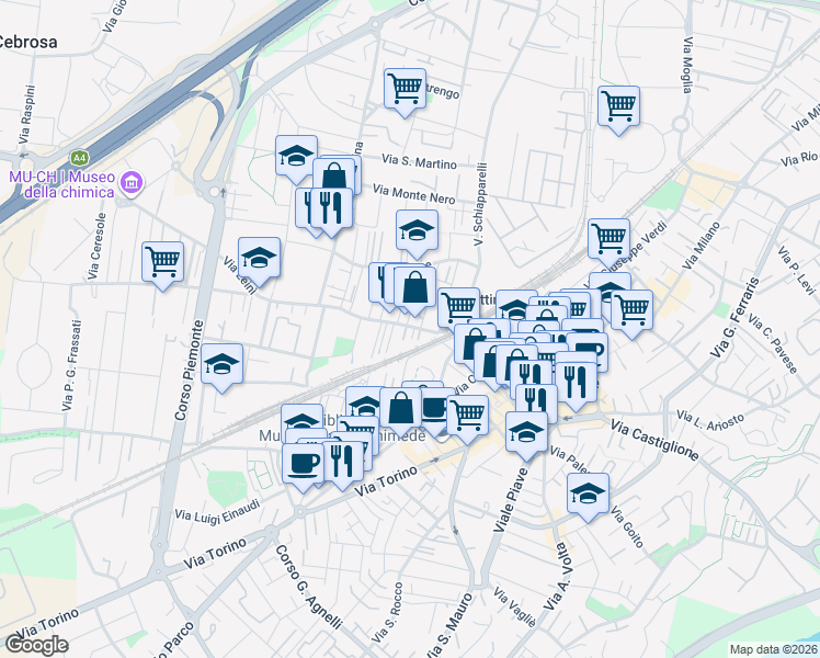 map of restaurants, bars, coffee shops, grocery stores, and more near 6 Via Trieste in Settimo Torinese