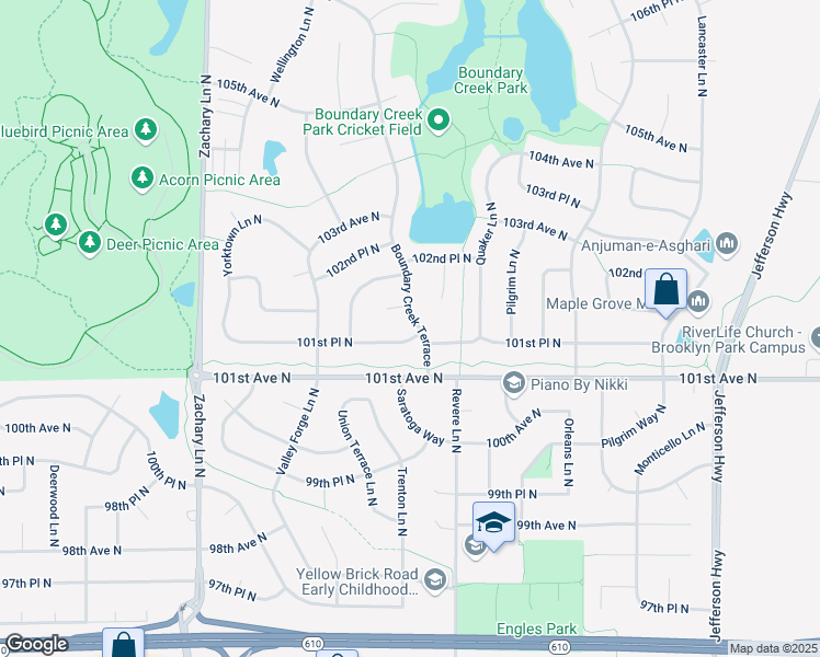 map of restaurants, bars, coffee shops, grocery stores, and more near 10455 102nd Avenue North in Maple Grove