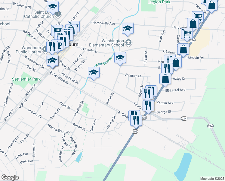map of restaurants, bars, coffee shops, grocery stores, and more near 281 Gatch Street in Woodburn