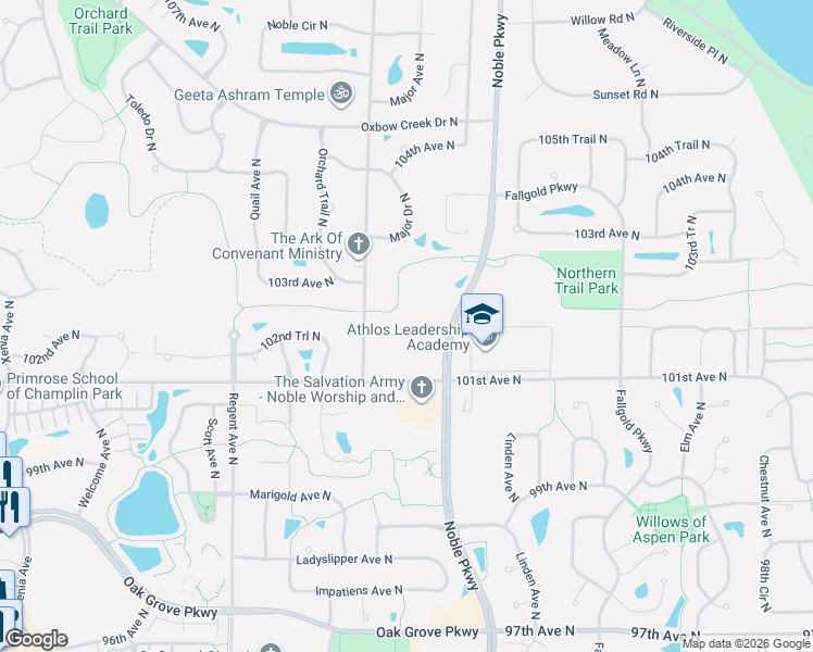 map of restaurants, bars, coffee shops, grocery stores, and more near 10182 Noble Court North in Minneapolis