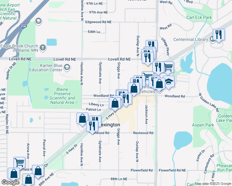 map of restaurants, bars, coffee shops, grocery stores, and more near 9200 Griggs Avenue in Circle Pines