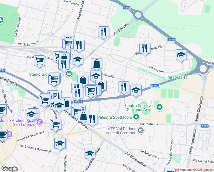 map of restaurants, bars, coffee shops, grocery stores, and more near 27 Via Lucchini in Cremona