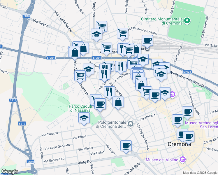 map of restaurants, bars, coffee shops, grocery stores, and more near 38 Via Magenta in Cremona