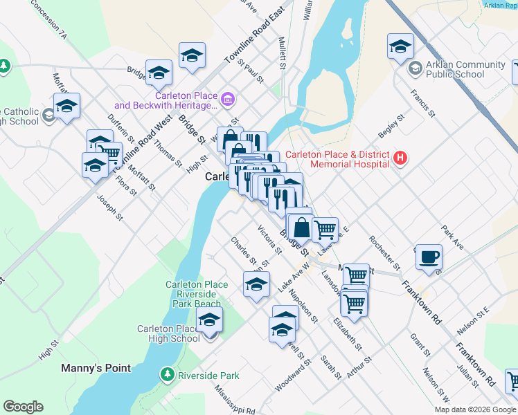 map of restaurants, bars, coffee shops, grocery stores, and more near in Carleton Place