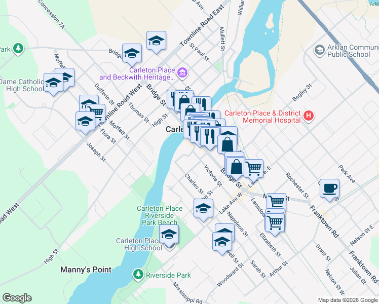 map of restaurants, bars, coffee shops, grocery stores, and more near 27 Allan Street in Carleton Place