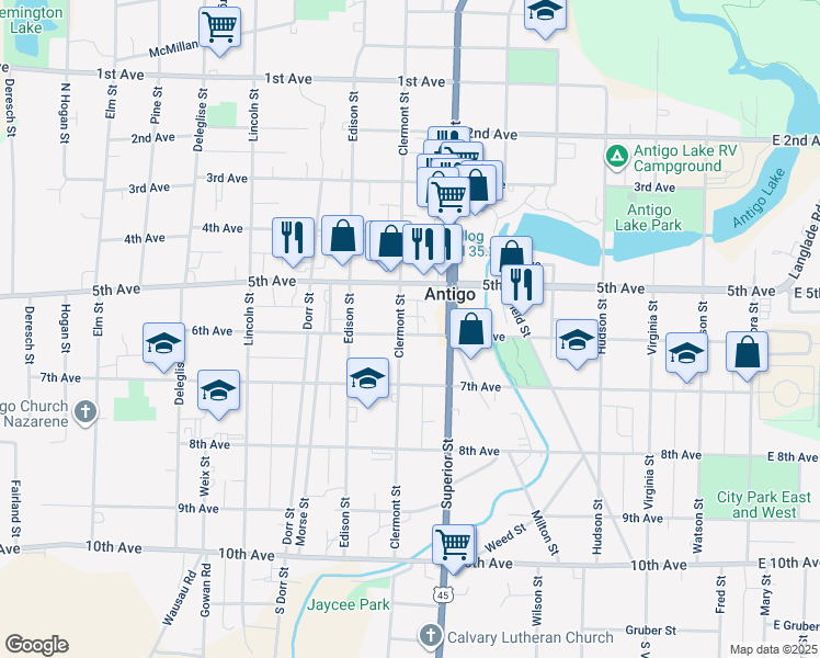 map of restaurants, bars, coffee shops, grocery stores, and more near 501 Clermont Street in Antigo