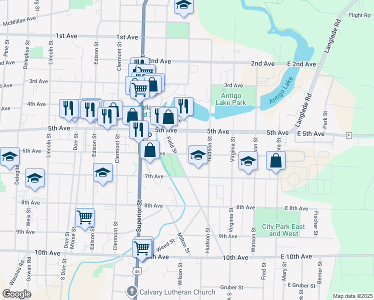 map of restaurants, bars, coffee shops, grocery stores, and more near 509 Fulton Street in Antigo