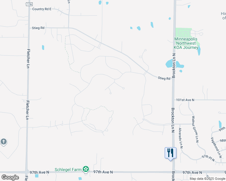 map of restaurants, bars, coffee shops, grocery stores, and more near 19327 102nd Place in Rogers