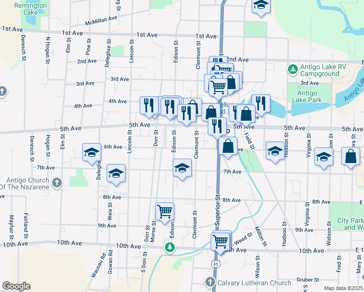 map of restaurants, bars, coffee shops, grocery stores, and more near 822 6th Avenue in Antigo