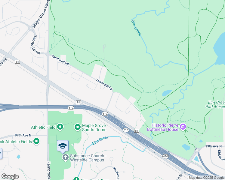map of restaurants, bars, coffee shops, grocery stores, and more near 13615 Territorial Road in Maple Grove