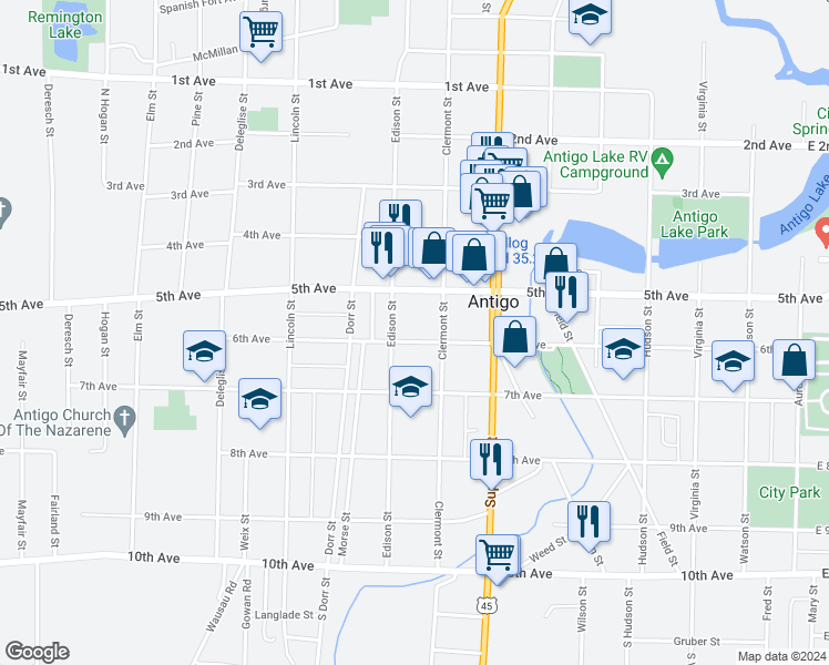 map of restaurants, bars, coffee shops, grocery stores, and more near 822 6th Avenue in Antigo