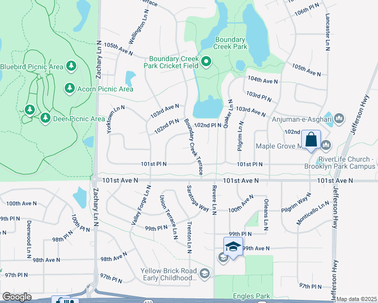 map of restaurants, bars, coffee shops, grocery stores, and more near 10455 102nd Avenue North in Maple Grove