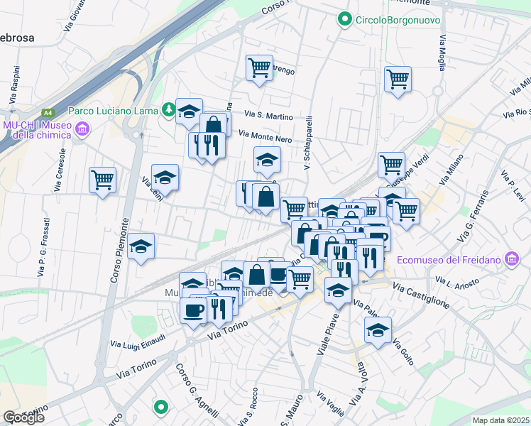 map of restaurants, bars, coffee shops, grocery stores, and more near 6 Via Trieste in Settimo Torinese