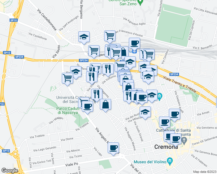 map of restaurants, bars, coffee shops, grocery stores, and more near 21 Via Giuseppe Garibotti in Cremona