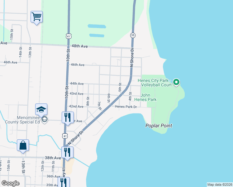 map of restaurants, bars, coffee shops, grocery stores, and more near 500 43rd Avenue in Menominee