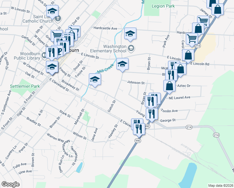 map of restaurants, bars, coffee shops, grocery stores, and more near 288 Gatch Street in Woodburn