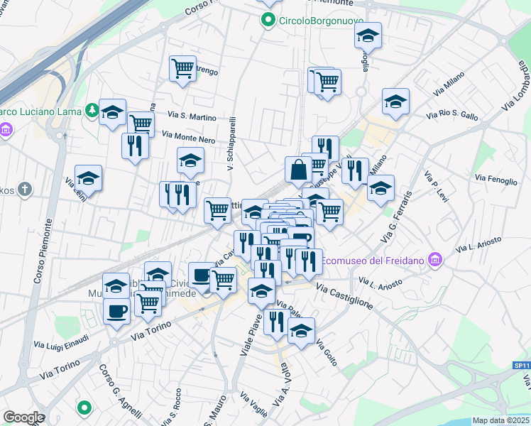 map of restaurants, bars, coffee shops, grocery stores, and more near 20 Via Roma in Settimo Torinese