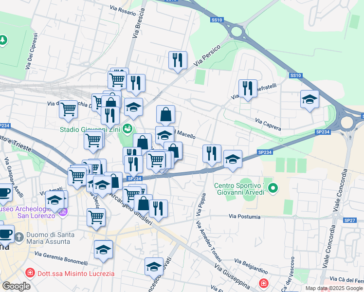 map of restaurants, bars, coffee shops, grocery stores, and more near 27 Via Lucchini in Cremona