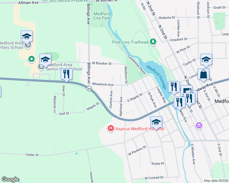 map of restaurants, bars, coffee shops, grocery stores, and more near 330 Central Avenue in Medford