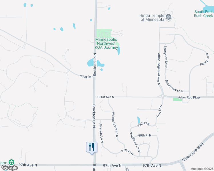 map of restaurants, bars, coffee shops, grocery stores, and more near 19050 101st Avenue North in Osseo