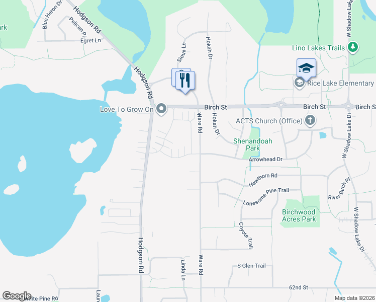 map of restaurants, bars, coffee shops, grocery stores, and more near 6409 Ojibway Path in Lino Lakes