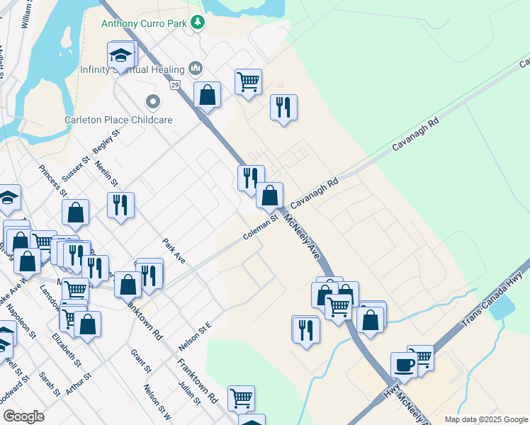 map of restaurants, bars, coffee shops, grocery stores, and more near 324 Coleman Street in Carleton Place