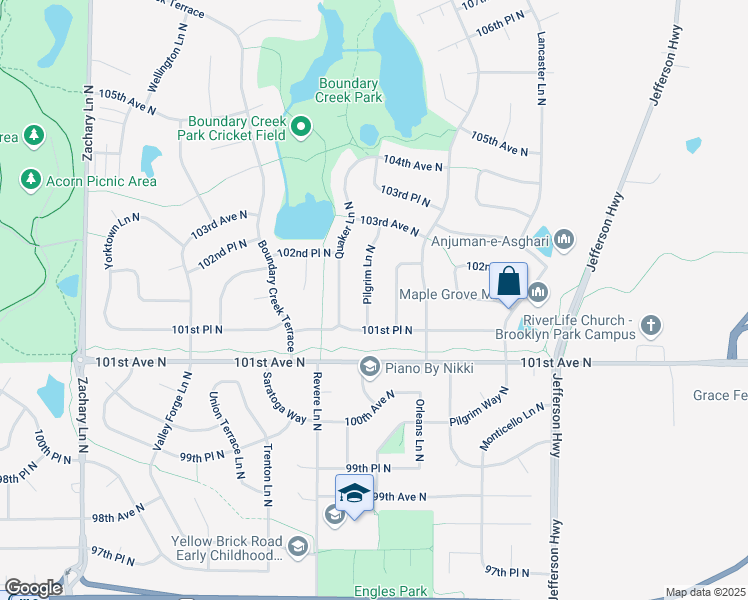 map of restaurants, bars, coffee shops, grocery stores, and more near 10206 Pilgrim Lane North in Maple Grove