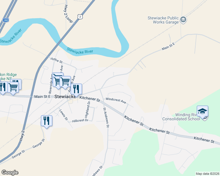 map of restaurants, bars, coffee shops, grocery stores, and more near 17 Pleasant Hill in Stewiacke