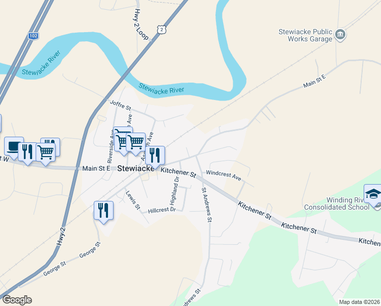 map of restaurants, bars, coffee shops, grocery stores, and more near 146 Main Street East in Stewiacke