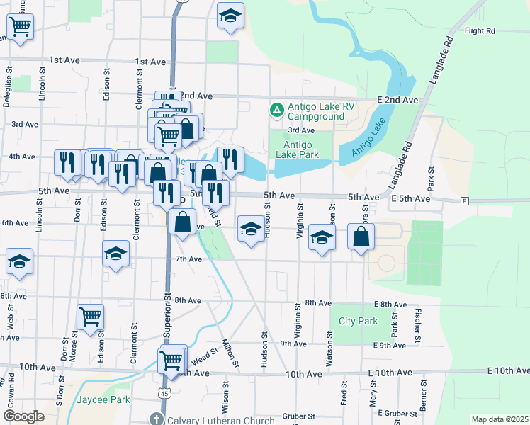 map of restaurants, bars, coffee shops, grocery stores, and more near 430 Pearl Avenue in Antigo
