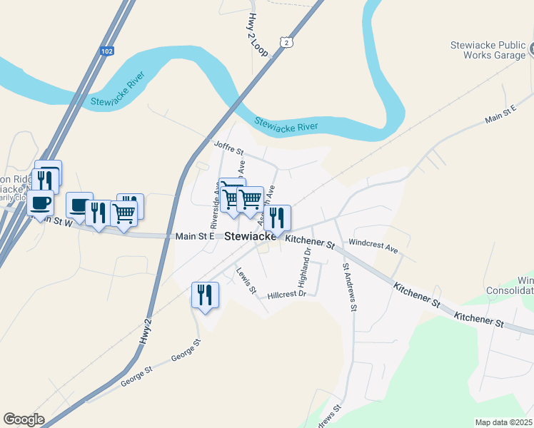 map of restaurants, bars, coffee shops, grocery stores, and more near 21 Asquith Avenue in Stewiacke