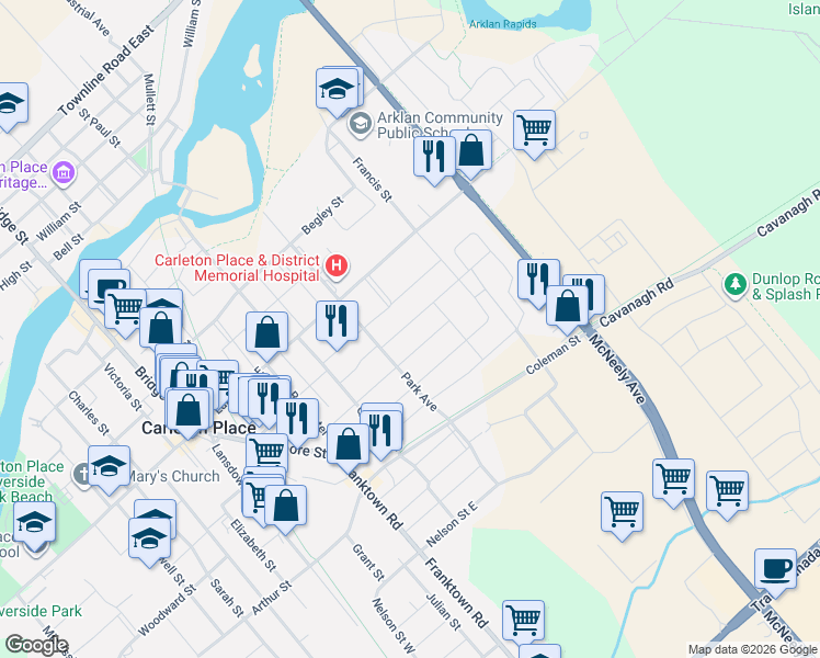 map of restaurants, bars, coffee shops, grocery stores, and more near 230 King Street in Carleton Place