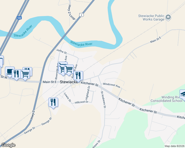 map of restaurants, bars, coffee shops, grocery stores, and more near 138 Main Street East in Stewiacke