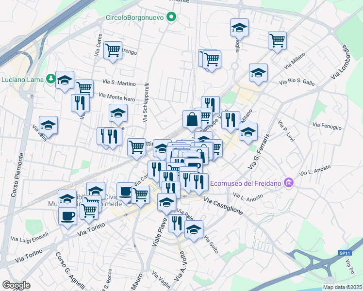 map of restaurants, bars, coffee shops, grocery stores, and more near in Settimo Torinese