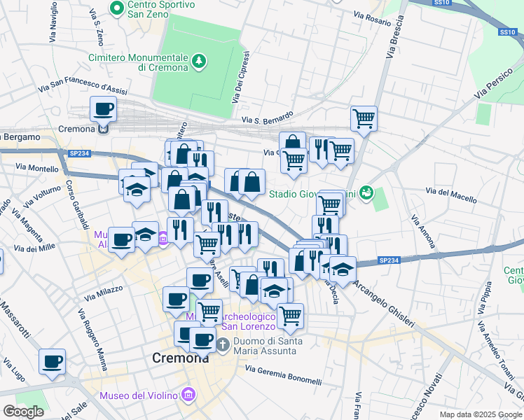 map of restaurants, bars, coffee shops, grocery stores, and more near 181 Via Dante Bernamonti in Cremona