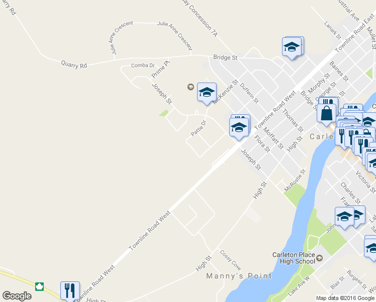 map of restaurants, bars, coffee shops, grocery stores, and more near 416 Pattie Drive in Carleton Place