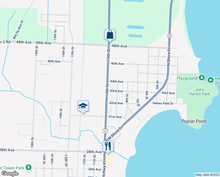 map of restaurants, bars, coffee shops, grocery stores, and more near 4300 10th Street in Menominee