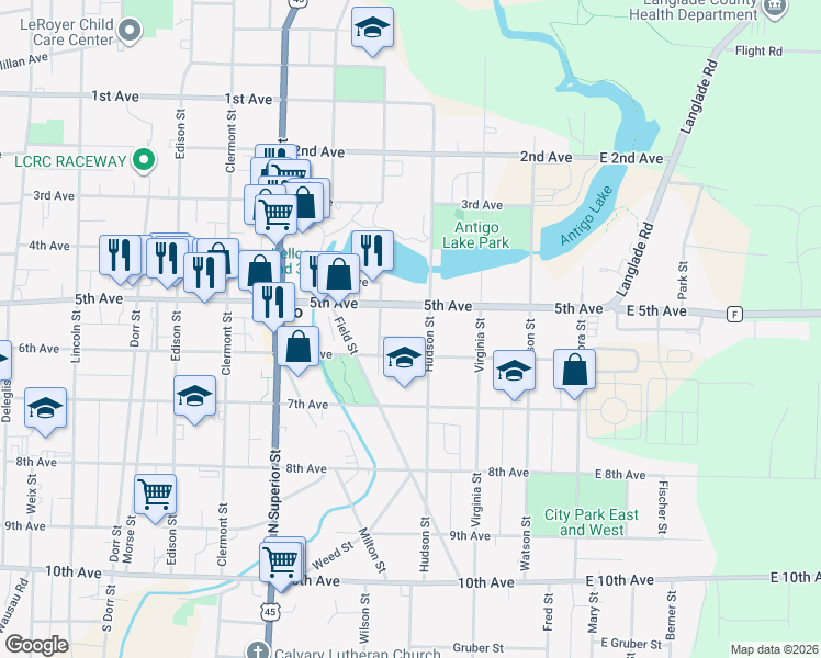 map of restaurants, bars, coffee shops, grocery stores, and more near 430 Pearl Avenue in Antigo