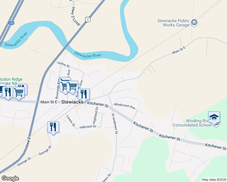 map of restaurants, bars, coffee shops, grocery stores, and more near 10 Pleasant Hill in Stewiacke