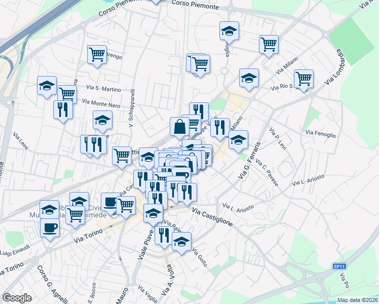 map of restaurants, bars, coffee shops, grocery stores, and more near 4 Via Michelangelo Buonarroti in Settimo Torinese