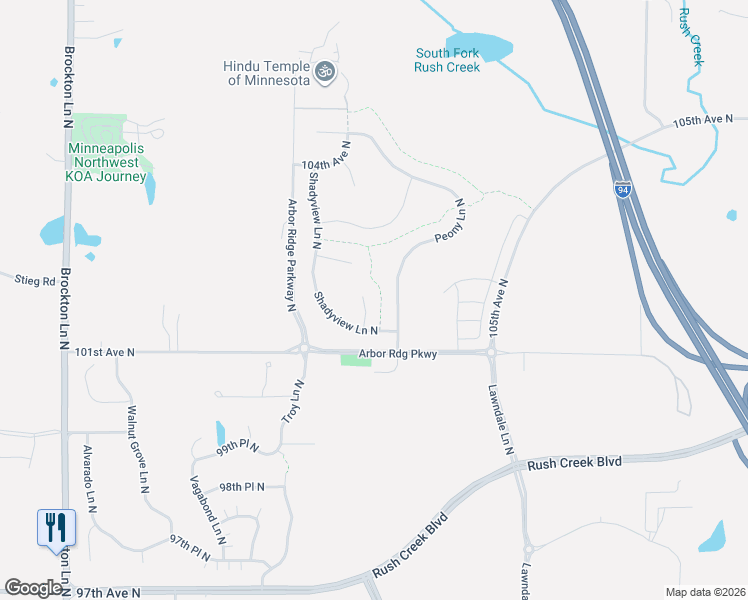 map of restaurants, bars, coffee shops, grocery stores, and more near 17900-18250 101st Avenue North in Maple Grove