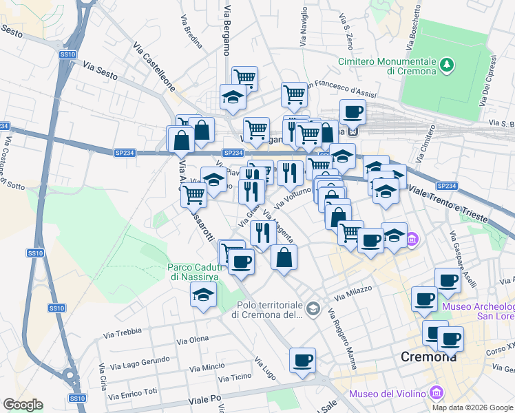 map of restaurants, bars, coffee shops, grocery stores, and more near 38 Via Magenta in Cremona