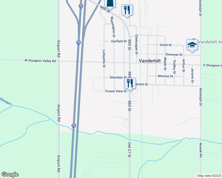 map of restaurants, bars, coffee shops, grocery stores, and more near Forest View Street in Vanderbilt