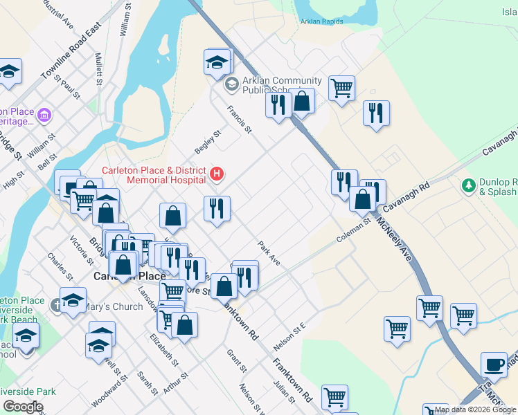 map of restaurants, bars, coffee shops, grocery stores, and more near in Carleton Place