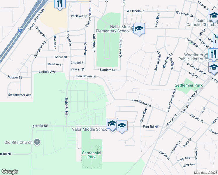 map of restaurants, bars, coffee shops, grocery stores, and more near 2120 Killian Spring Drive in Woodburn