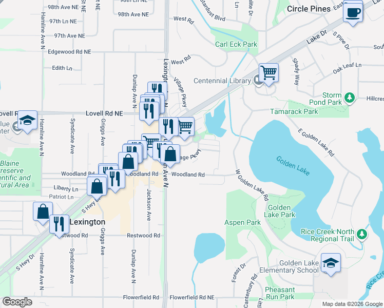 map of restaurants, bars, coffee shops, grocery stores, and more near 4203 Woodland Road in Circle Pines