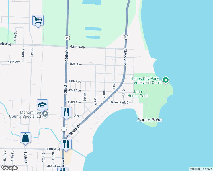 map of restaurants, bars, coffee shops, grocery stores, and more near 500-598 43rd Avenue in Menominee